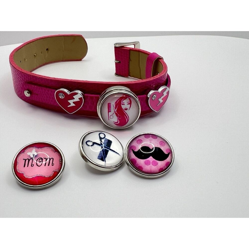 Faux Leather Bracelet - Pink W/ 4 Snap & 2 Slide Charms MOM Beauty Hair Shears